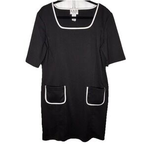 Vtg KARI New York Dress Black 16 Sheath Pockets White Piping Classic Timeless